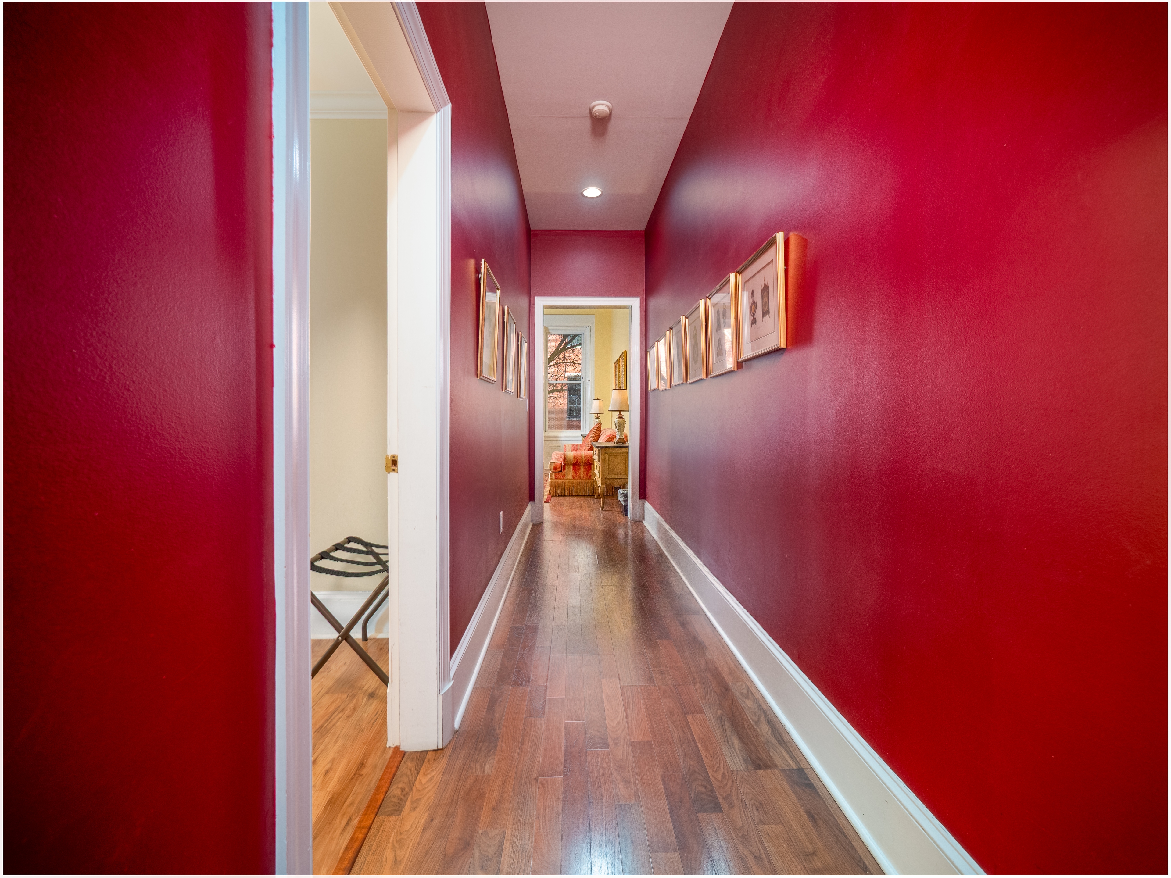 Vibrant long hallway that leads to the living room and bedroom.