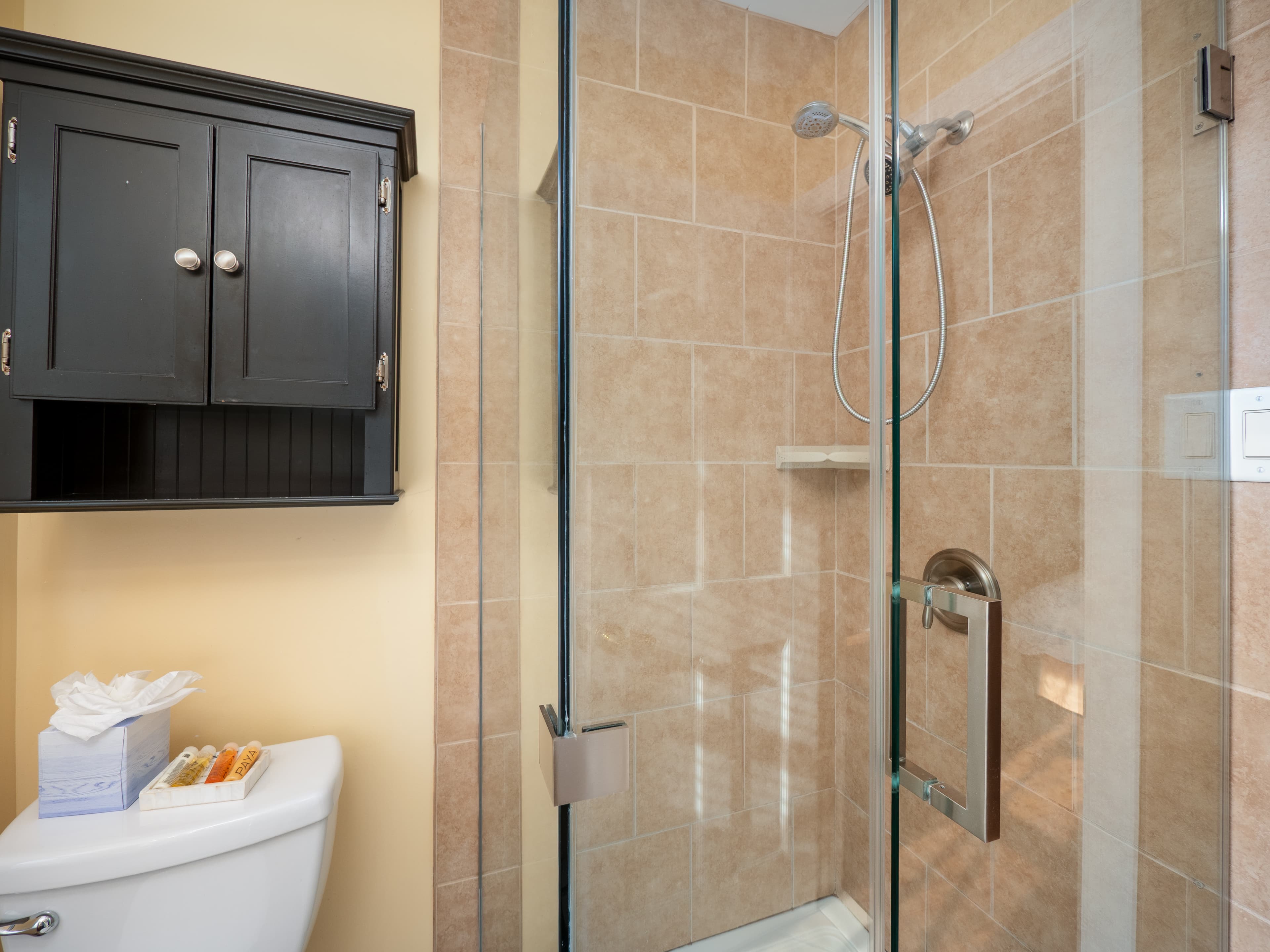 Close up of the glass door standing shower and cabinet above the toilet.