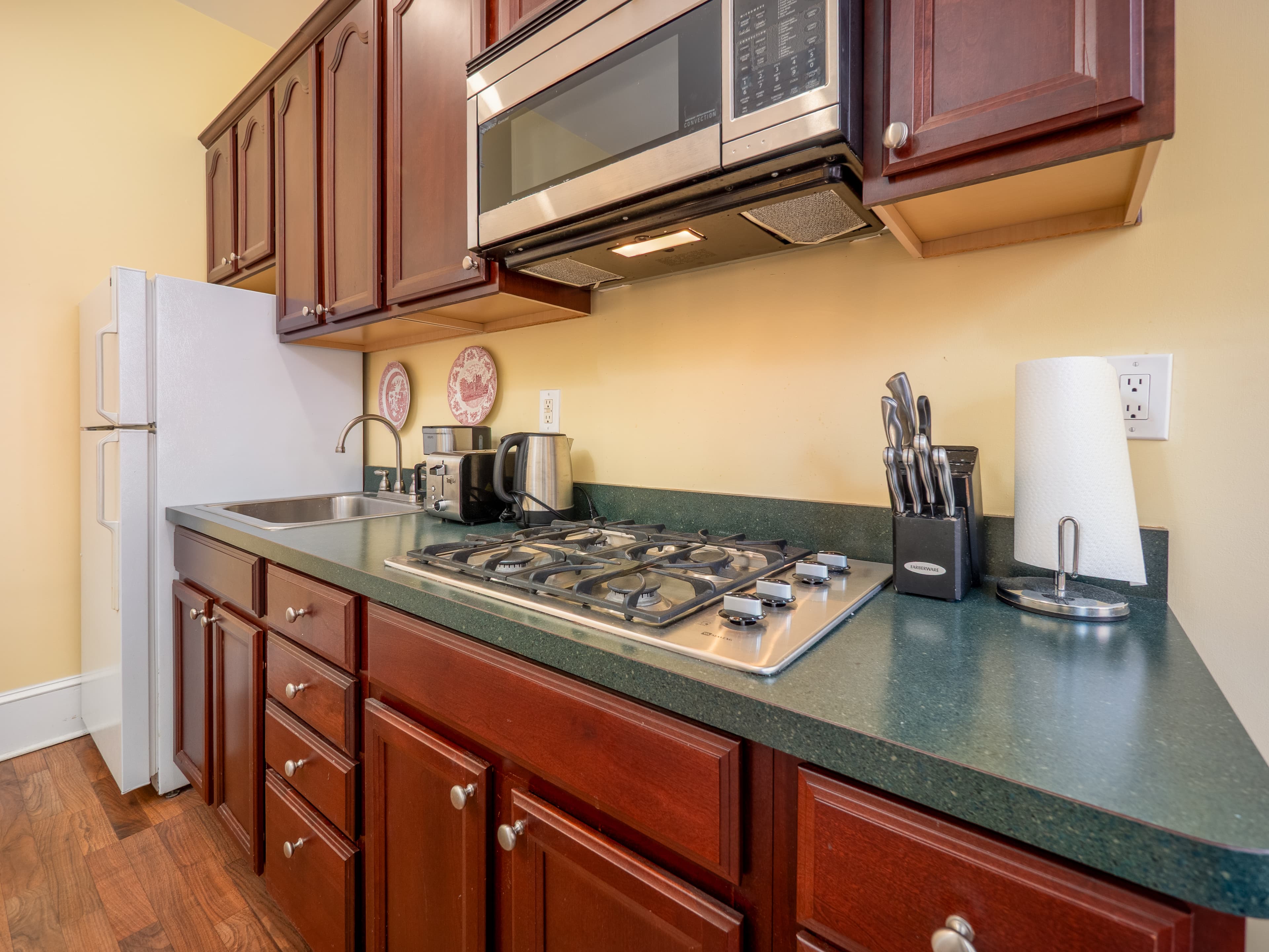 Full kitchen with stove, sink, fridge, microwave and cabinet.